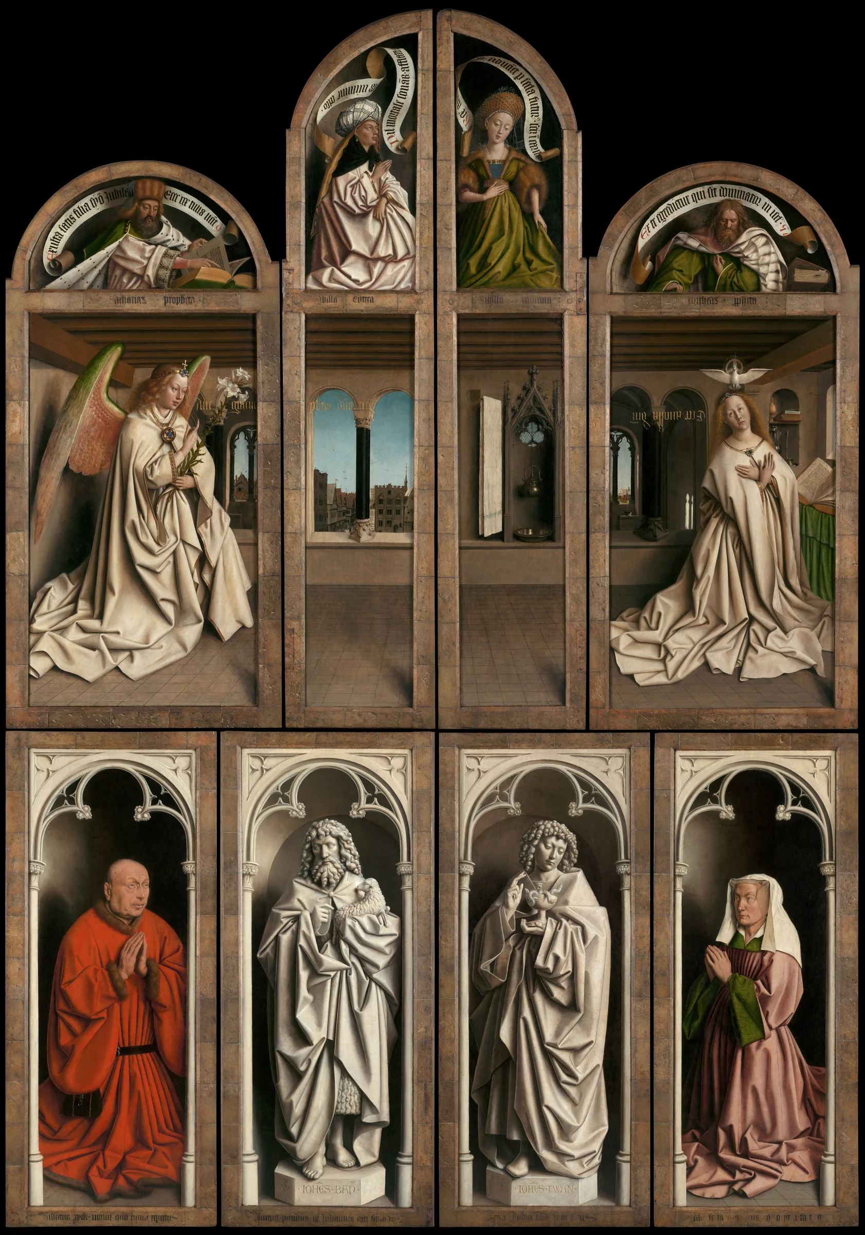 The Ghent Altarpiece in its closed configuration, with numbered scene stops