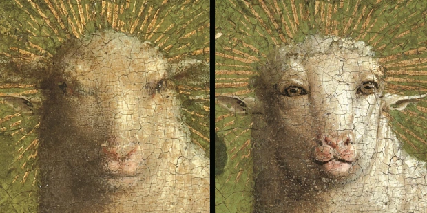 The Mystic Lamb before restoration at left and with the Van Eycks’ original face revealed at right